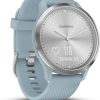 De Garmin Vivomove HR hybride smartwatch met een zilverkleurige klok en een lichtblauw bandje
