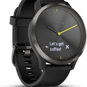 De Garmin Vivomove HR hybride smartwatch met een zwarte klok en een zwart bandje